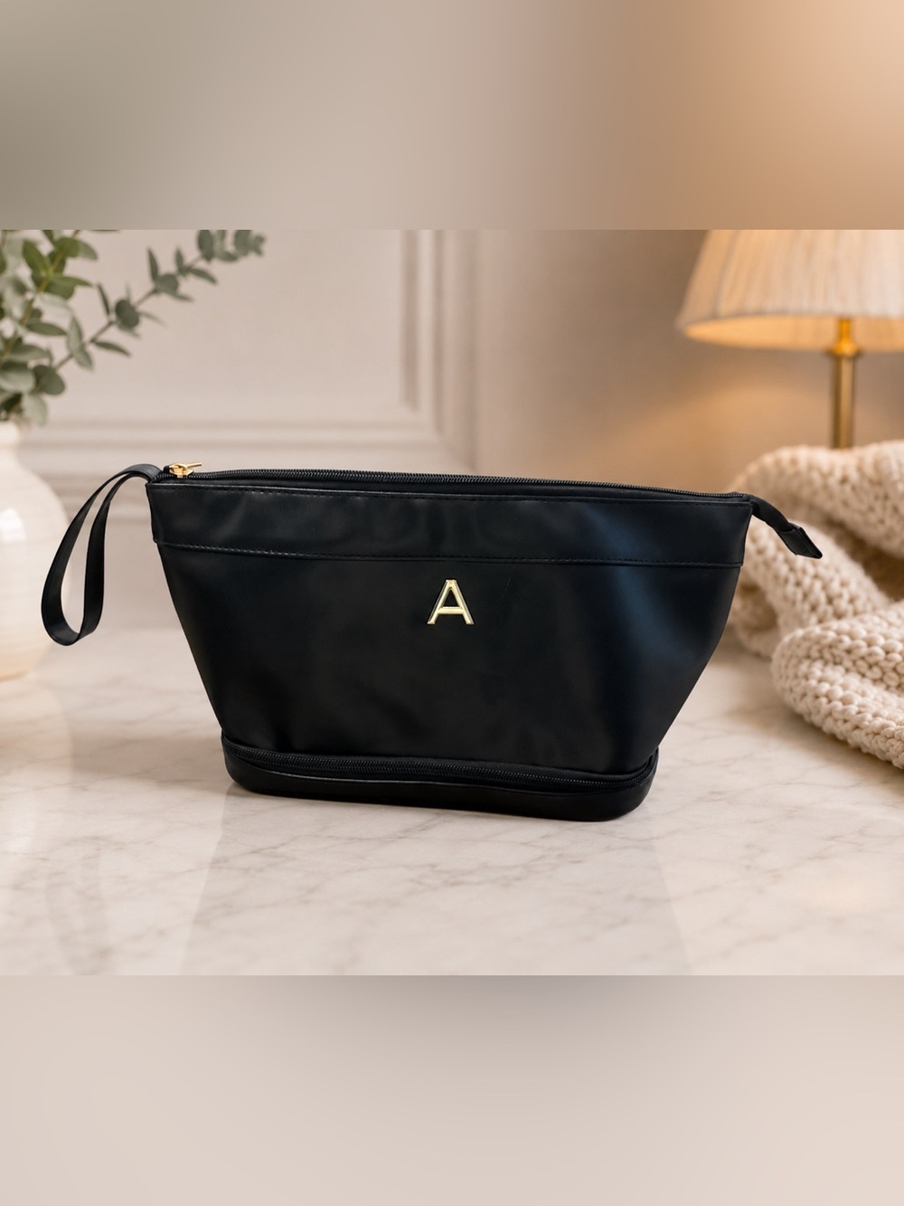 Black Nylon Travel Makeup Cosmetic Toiletry Bag Gold Initial A Wristlet 12.5”